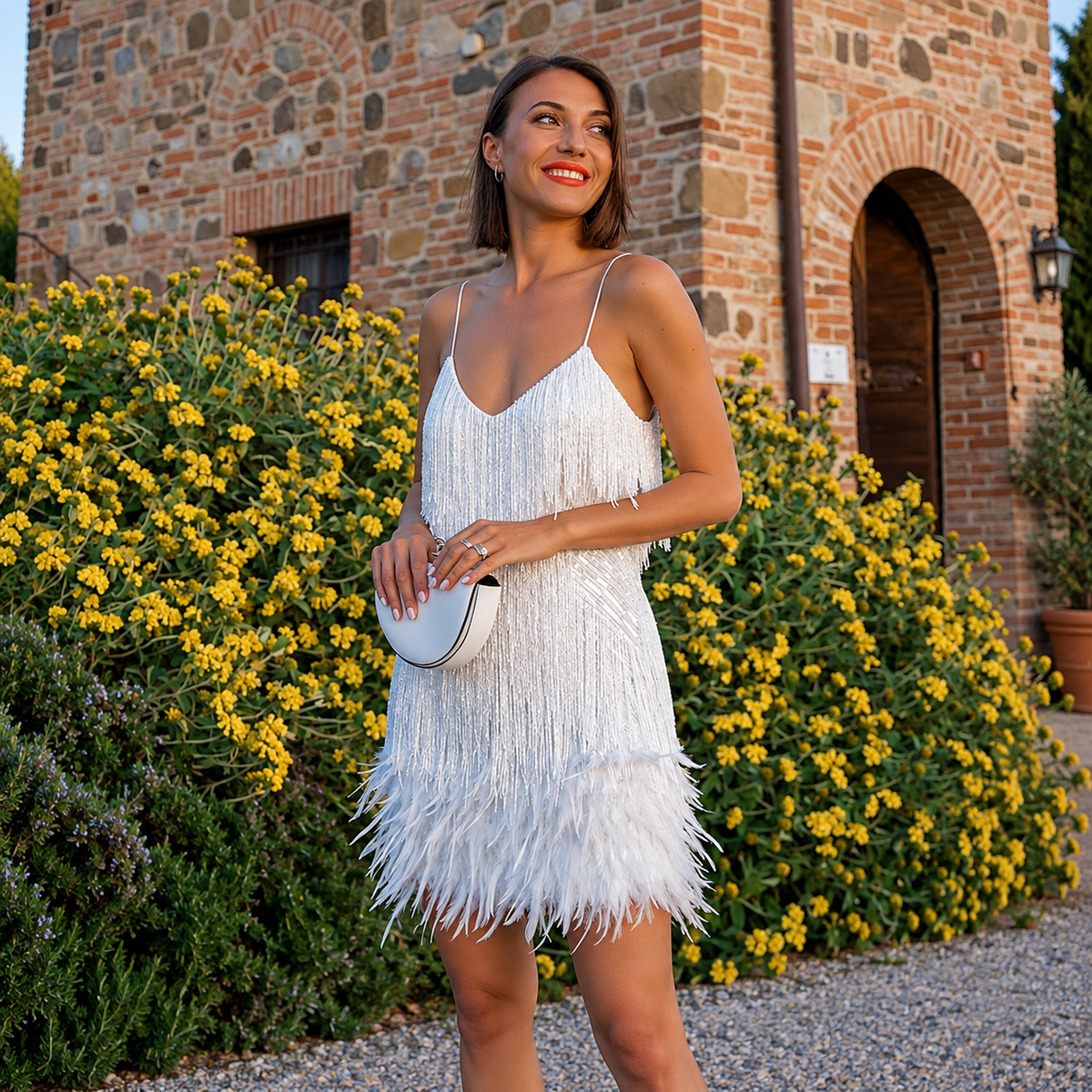 Mary - Élégant Robe Courte de Fête avec Plumes