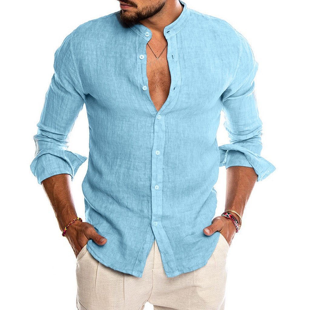 Heath - Chemise en lin à col montant pour homme, manches longues