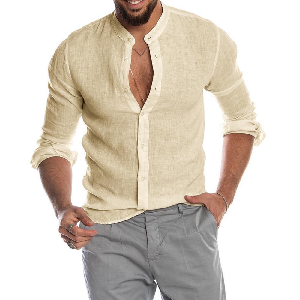 Heath - Chemise en lin à col montant pour homme, manches longues
