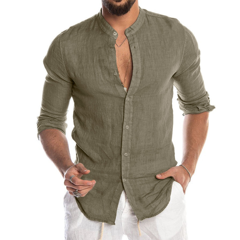 Heath - Chemise en lin à col montant pour homme, manches longues