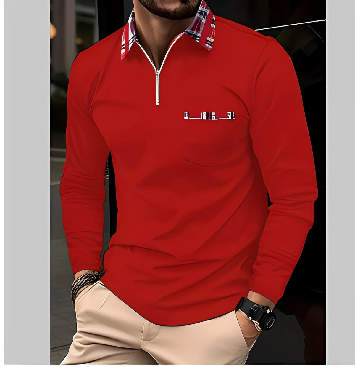 Florent - Polo pour homme à manches longues avec fermeture éclair