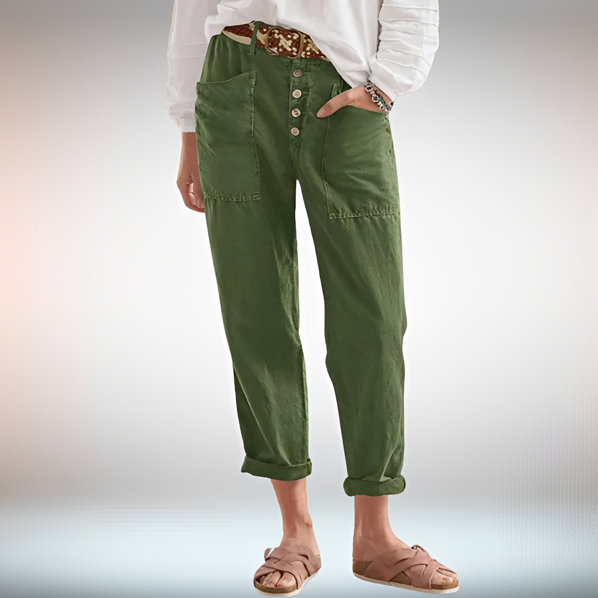 Rhonwen - Pantalon Élégant avec Boutons et Coupe Ample