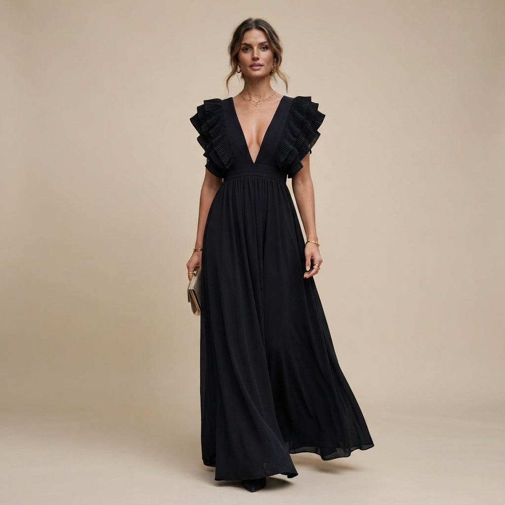 Zhallie - Robe Longue Élégante à Manches Volantées