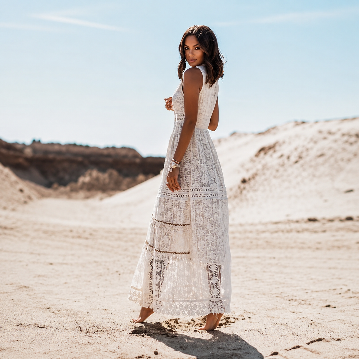 Flossie - Robe Maxi Chic avec Col V et Taille Ajustée