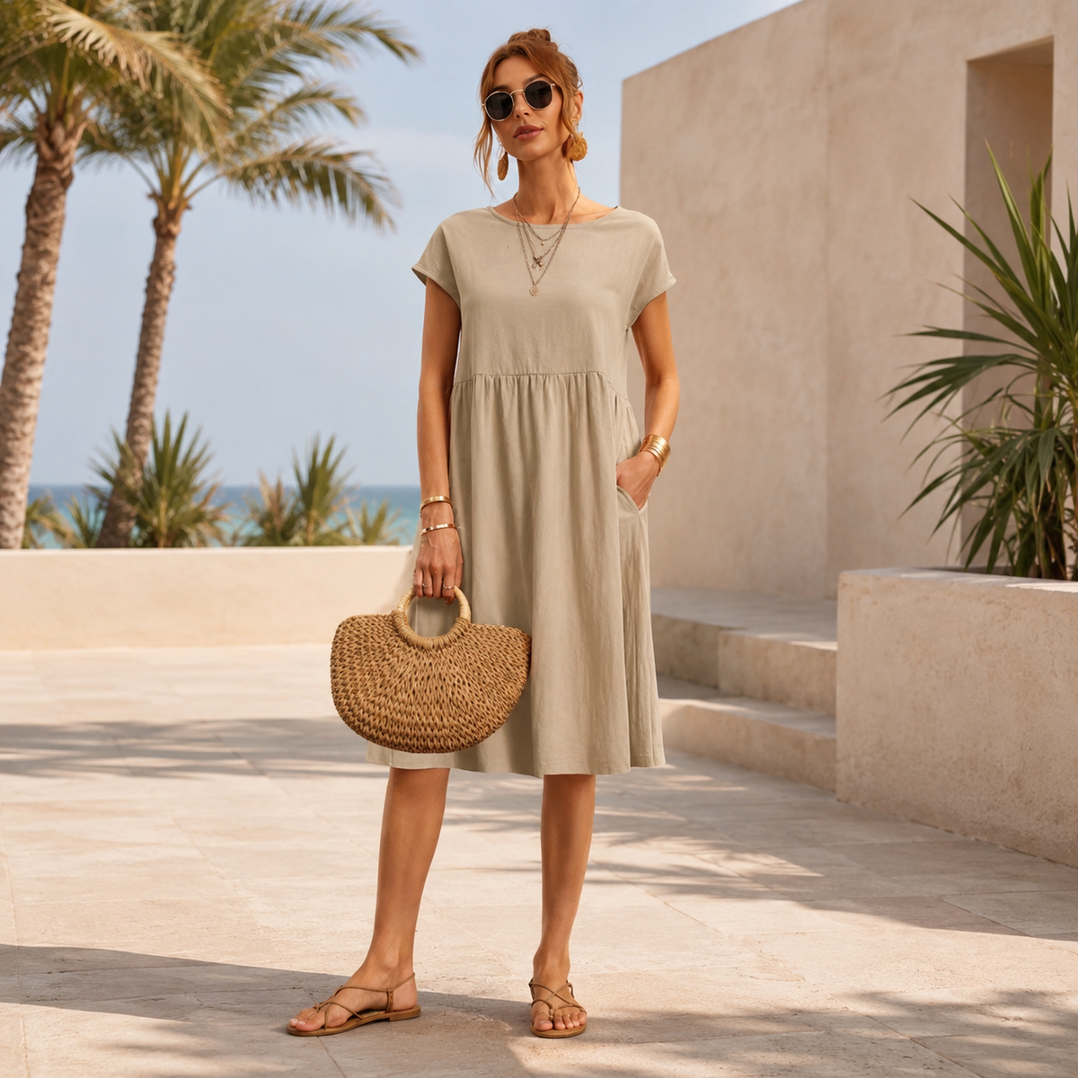 Shamzi - Robe Midi Chic à Col Rond