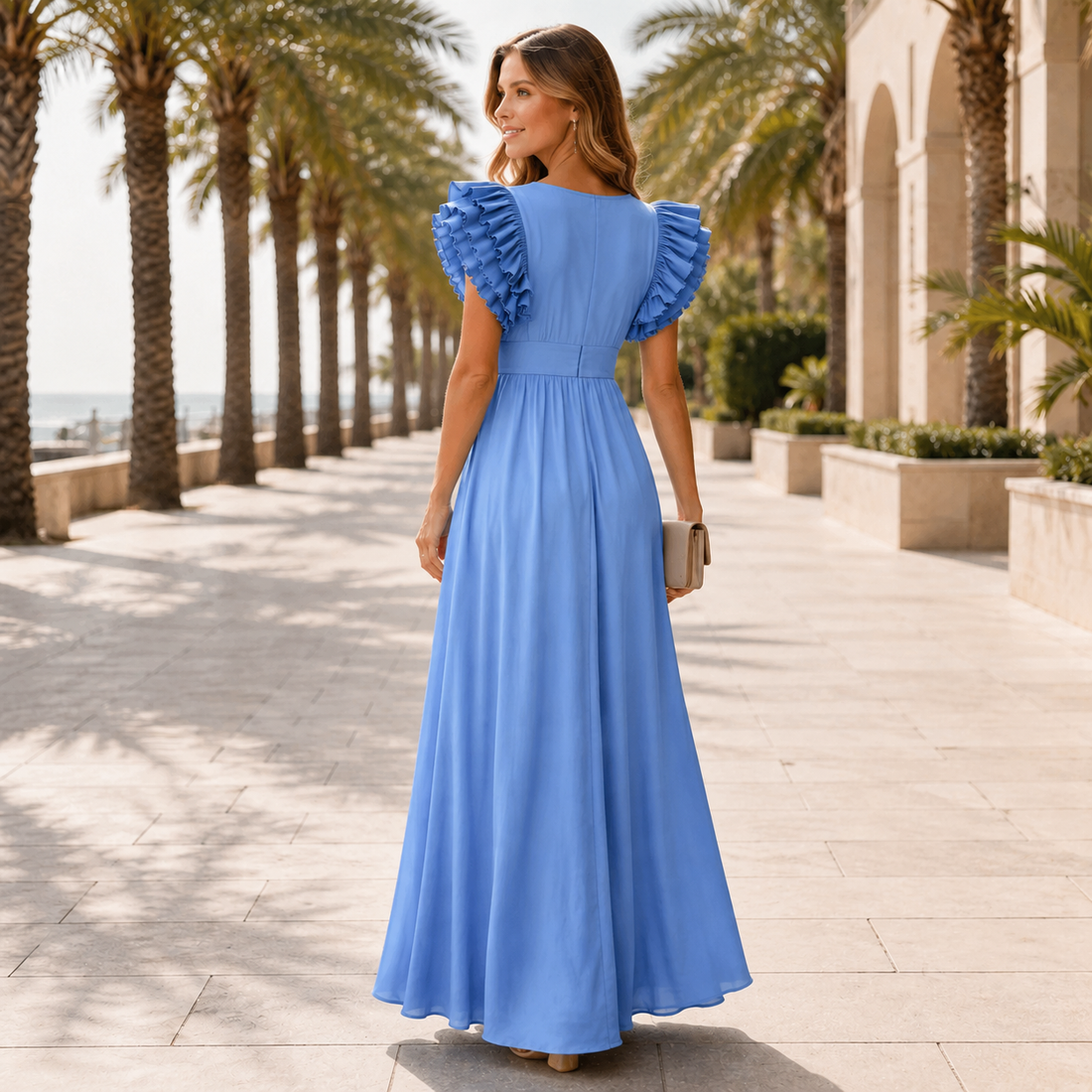 Zhallie - Robe Longue Élégante à Manches Volantées