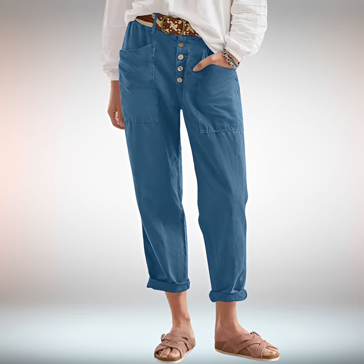 Rhonwen - Pantalon Élégant avec Boutons et Coupe Ample