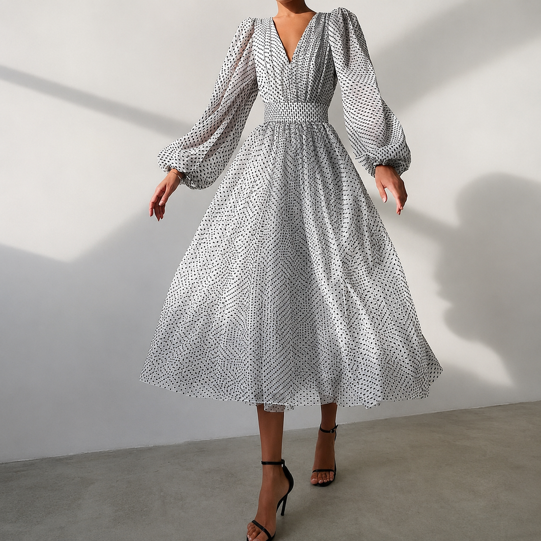 Emina - Robe Chic à Col V et Manches Longues