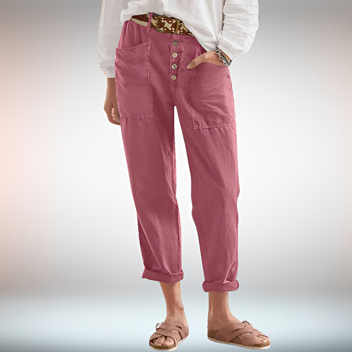 Rhonwen - Pantalon Élégant avec Boutons et Coupe Ample