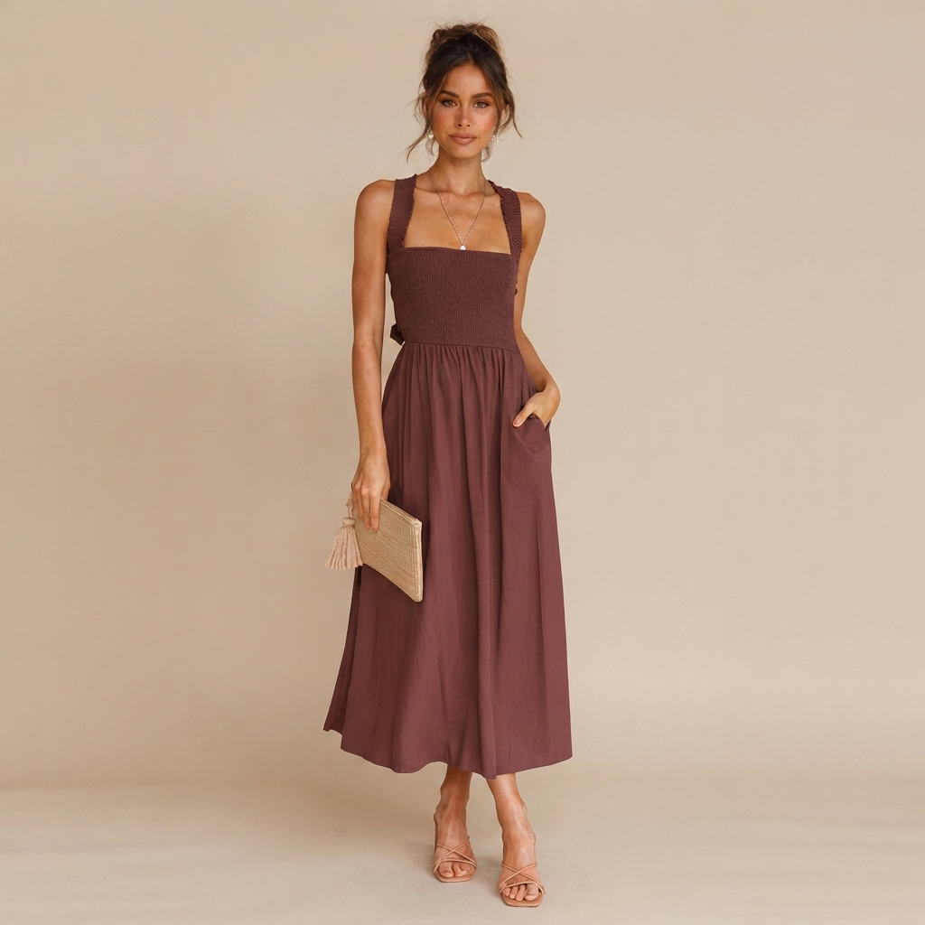 Lena - Robe Midi Élégante avec Col Carré