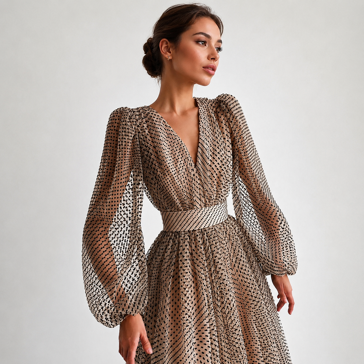 Emina - Robe Chic à Col V et Manches Longues