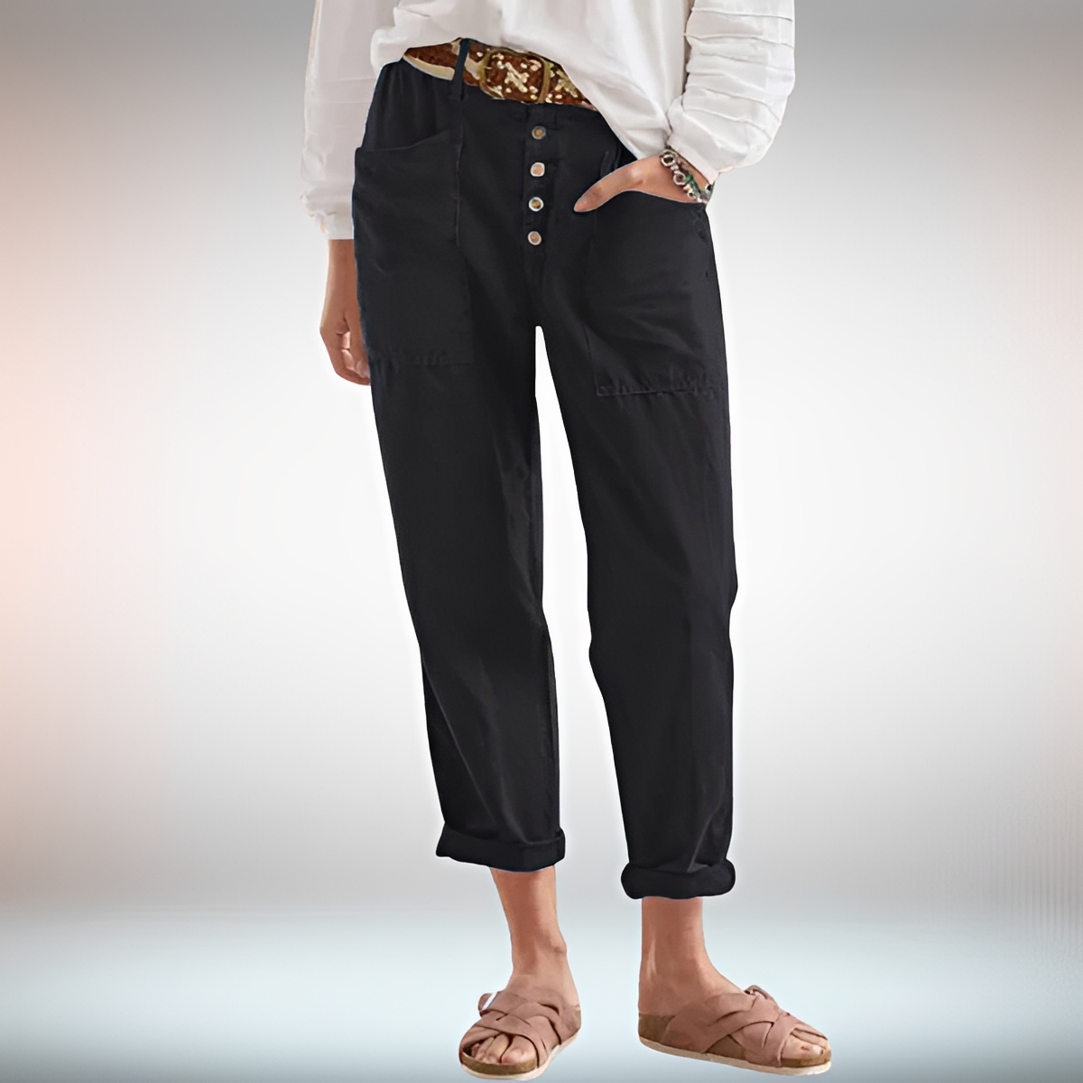 Rhonwen - Pantalon Élégant avec Boutons et Coupe Ample