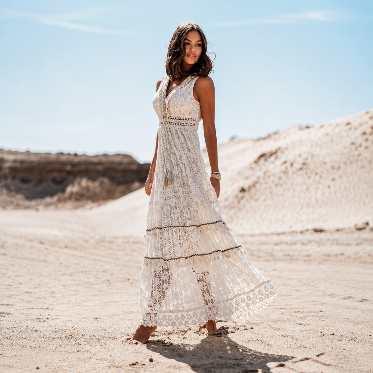 Flossie - Robe Maxi Chic avec Col V et Taille Ajustée