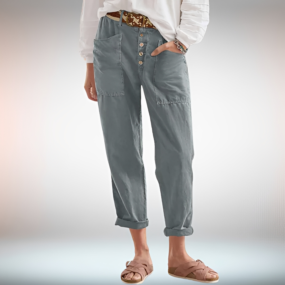Rhonwen - Pantalon Élégant avec Boutons et Coupe Ample