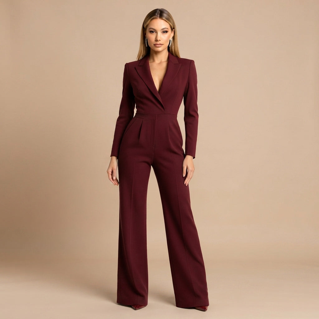 Elnaz - Combinaison Chic à Col V et Pantalon Évasé