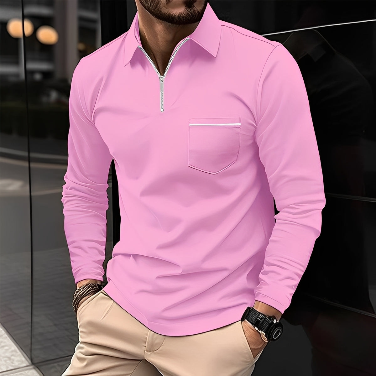 Florent - Polo pour homme à manches longues avec fermeture éclair