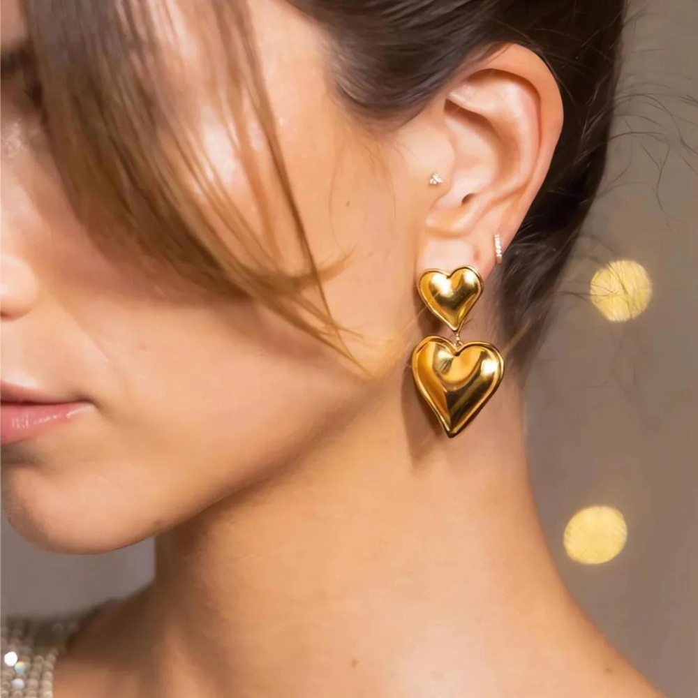 Boucles d'oreilles Double Cœur - Boucle d'oreille de déclaration avec deux cœurs