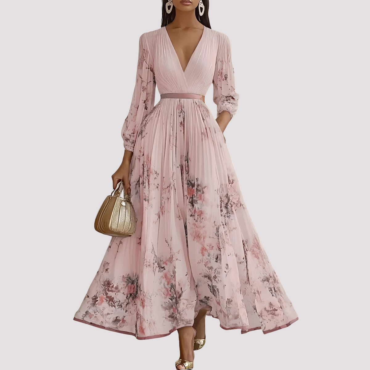 Leah - Robe Midi à Manches Longues Florale