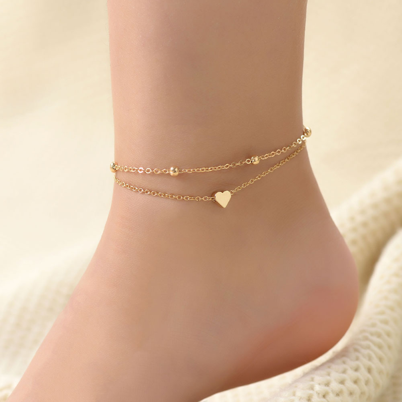 Mini bracelet de cheville en forme de cœur - Bracelet d'amour à double couche