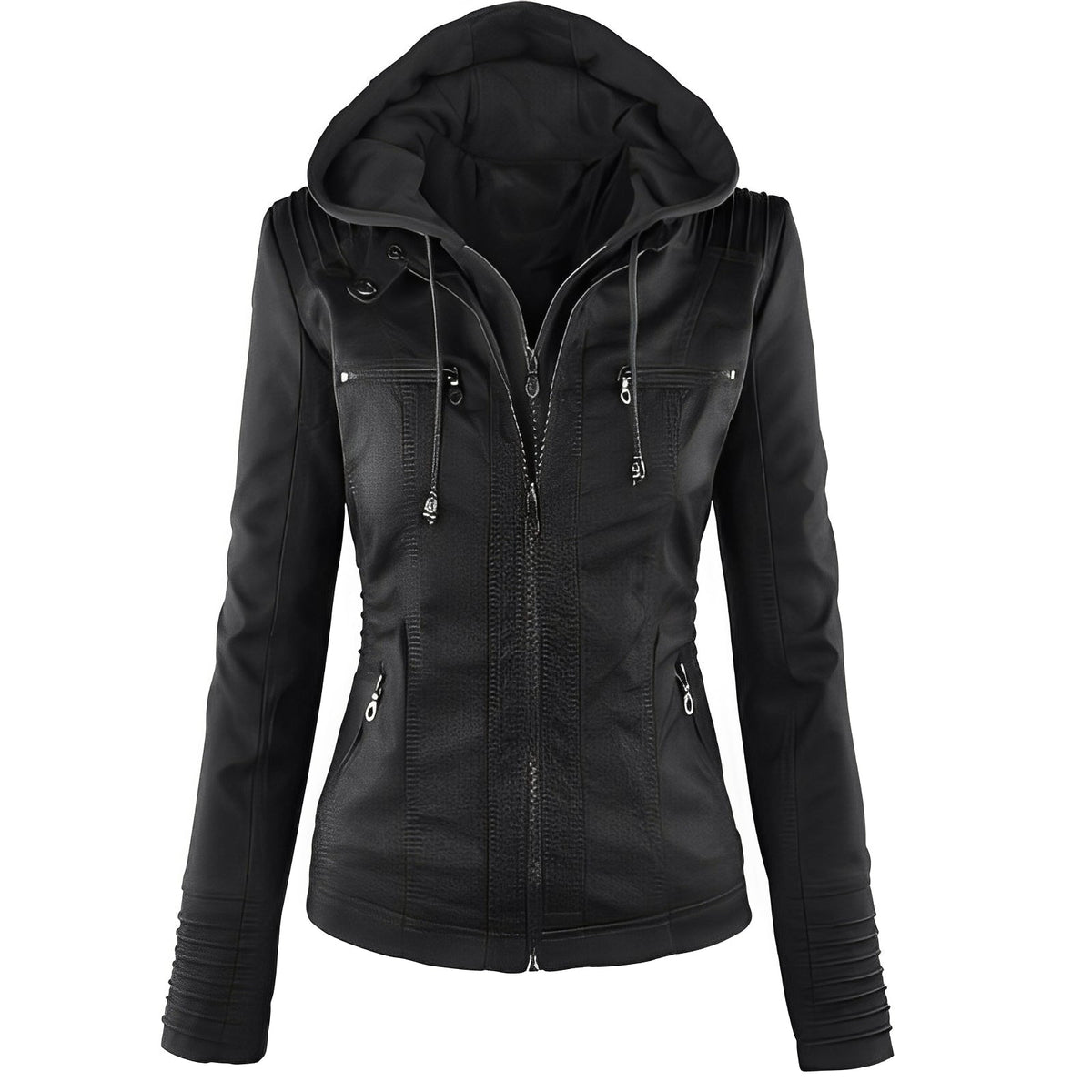 Janene - Veste en cuir imperméable et décontractée avec capuche pour femmes