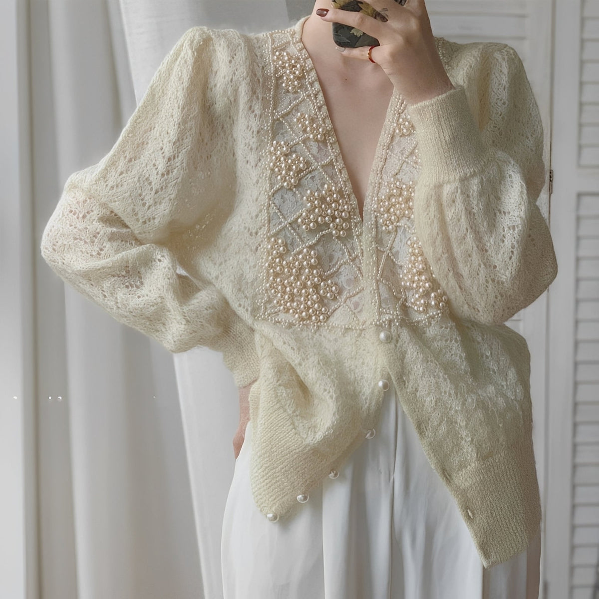 Rachael - Cardigan stylé à manches longues avec perles pour femmes