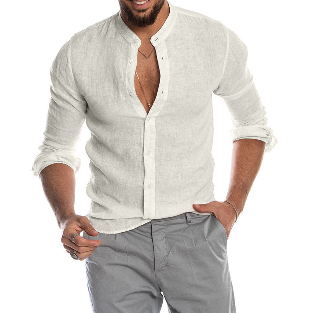 Heath - Chemise en lin à col montant pour homme, manches longues