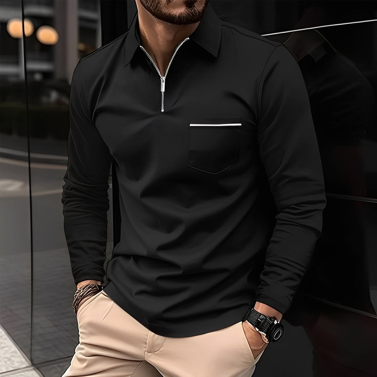 Florent - Polo pour homme à manches longues avec fermeture éclair