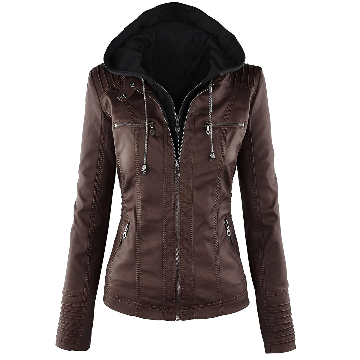Janene - Veste en cuir imperméable et décontractée avec capuche pour femmes