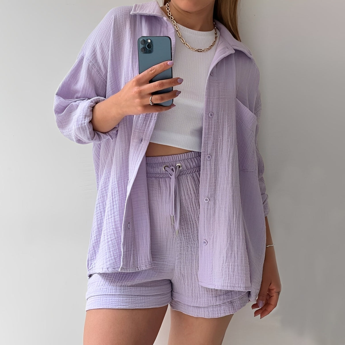 Julia - Ensemble décontracté avec col revers et taille haute pour femmes