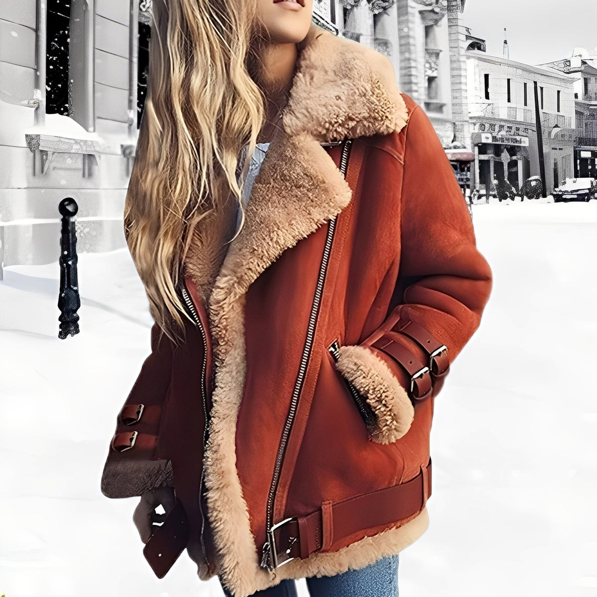 Cassandra - Épaisse Veste en Laine et Cuir Suédé pour Femmes