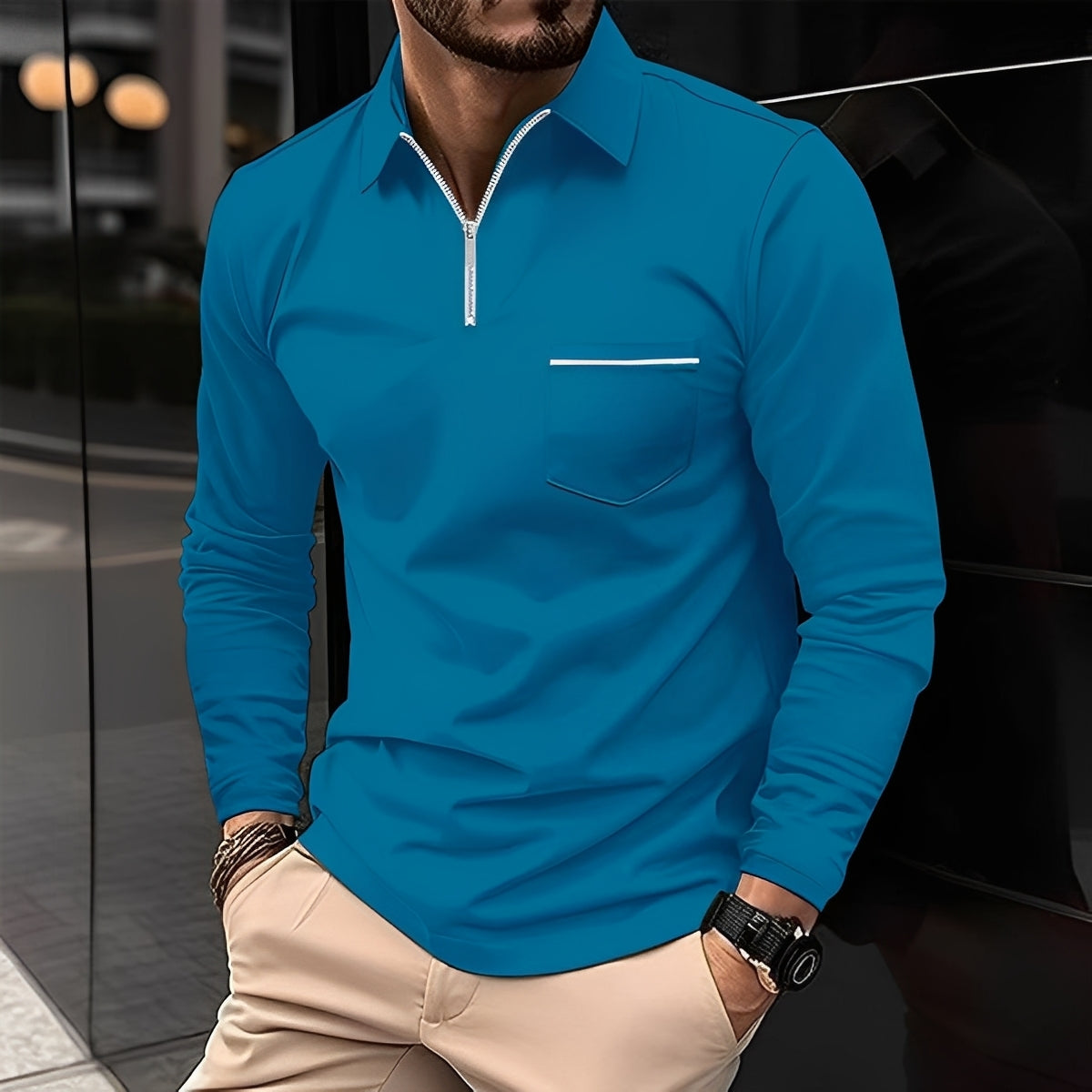 Florent - Polo pour homme à manches longues avec fermeture éclair
