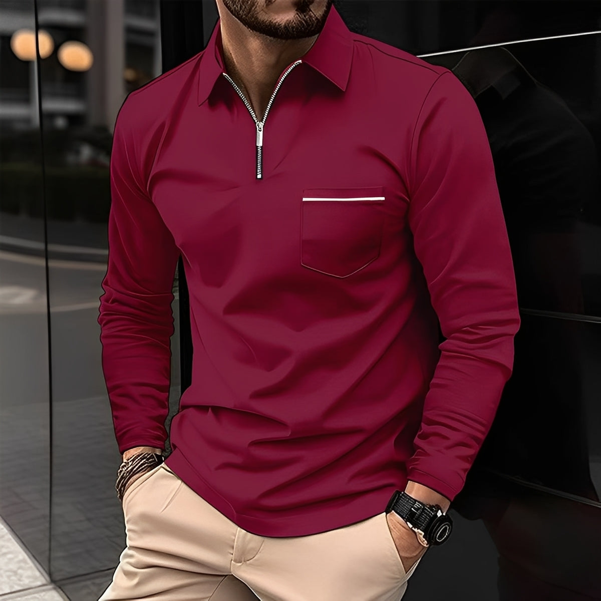 Florent - Polo à manches longues avec fermeture éclair pour hommes