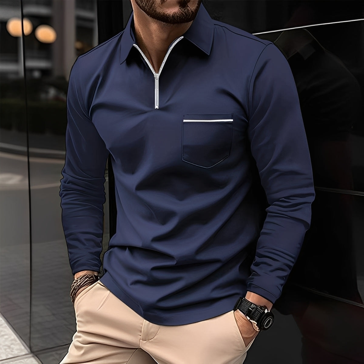 Florent - Polo à manches longues avec fermeture éclair pour hommes