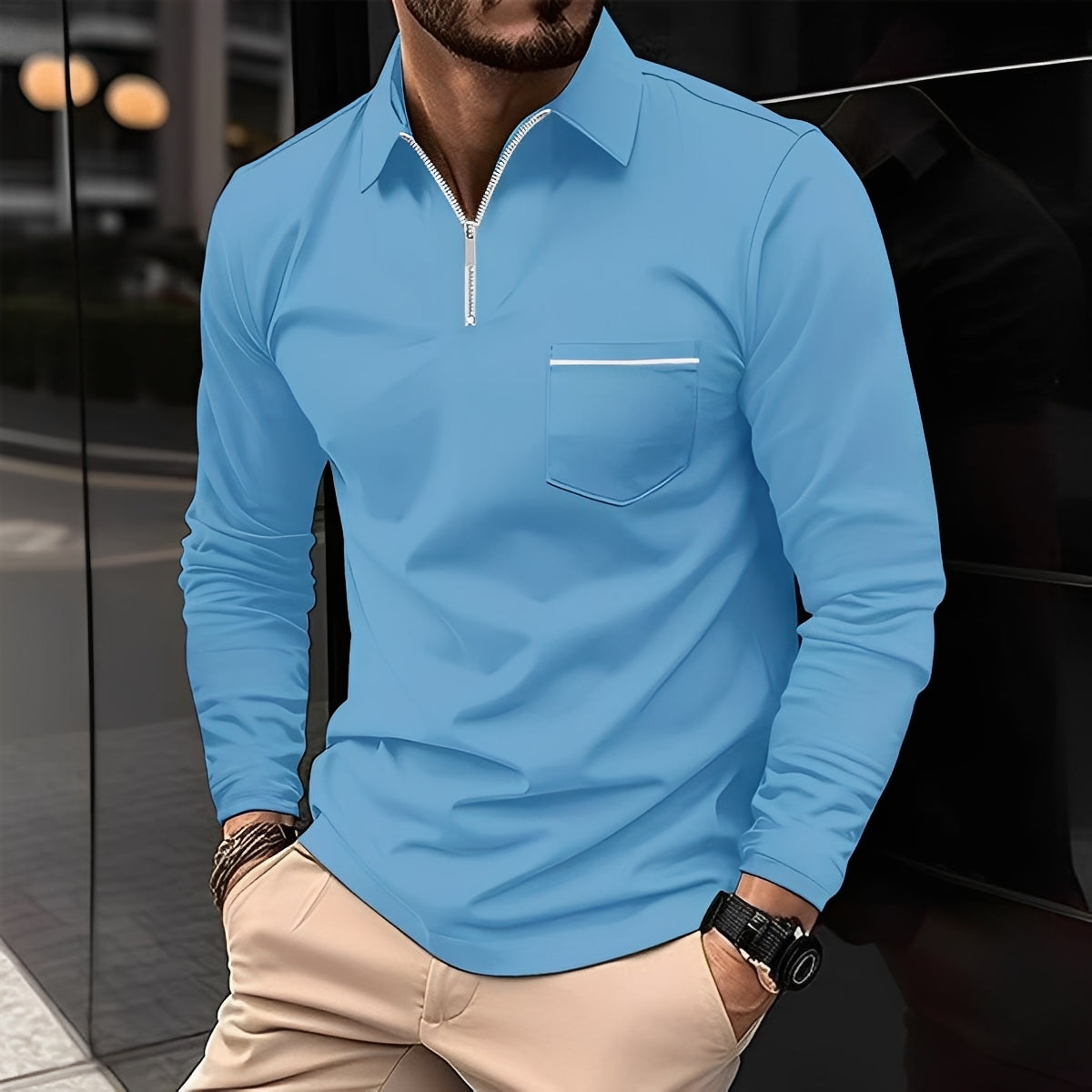 Florent - Polo pour homme à manches longues avec fermeture éclair