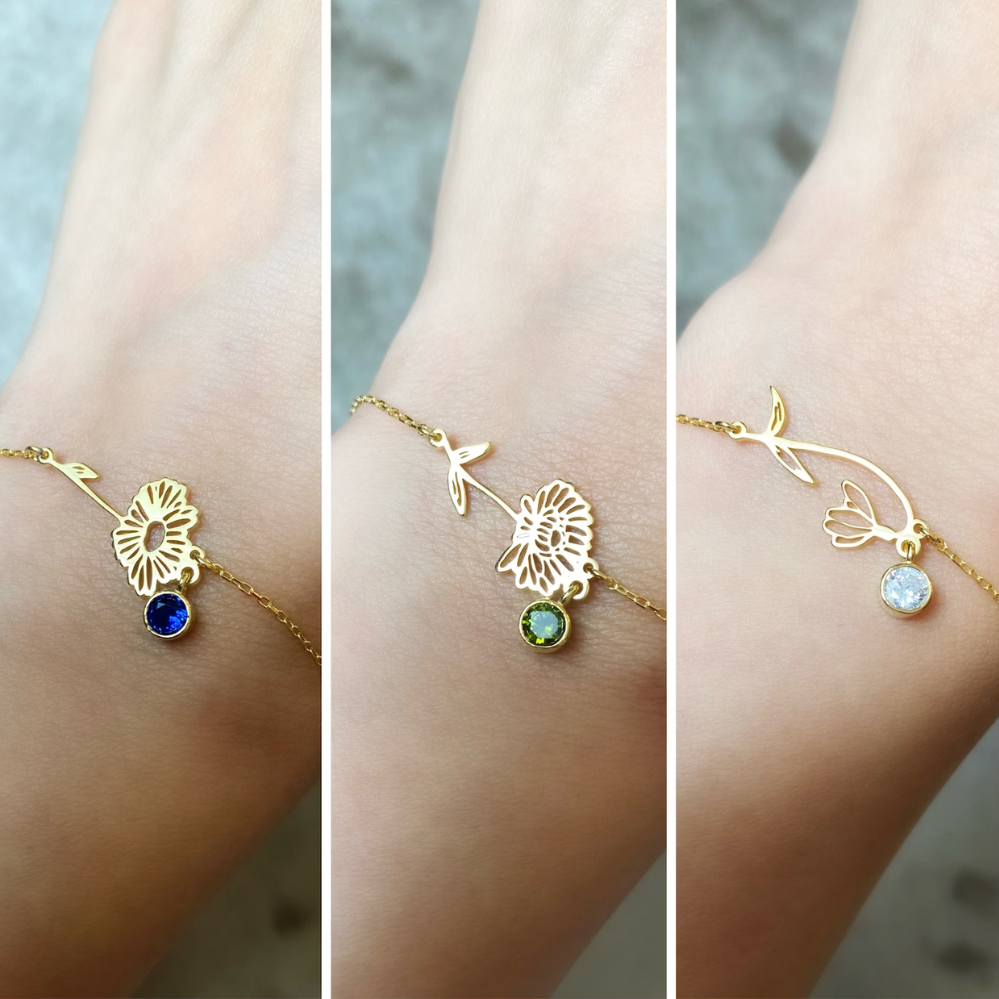 Bracelet de Fête d'Anniversaire - Bracelet avec Pierre de Naissance et Fleur