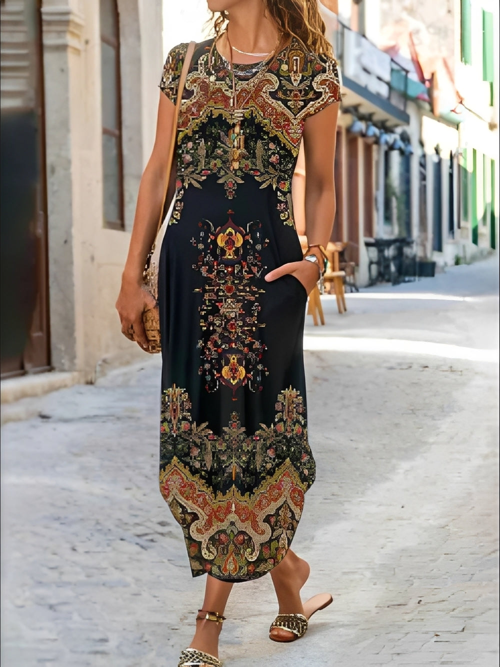 Mabel - Robe maxi à manches courtes avec motif pour femmes
