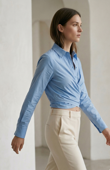 Chemisier Croisé à Manches Longues - Bleu - Coton Mélangé - Femme