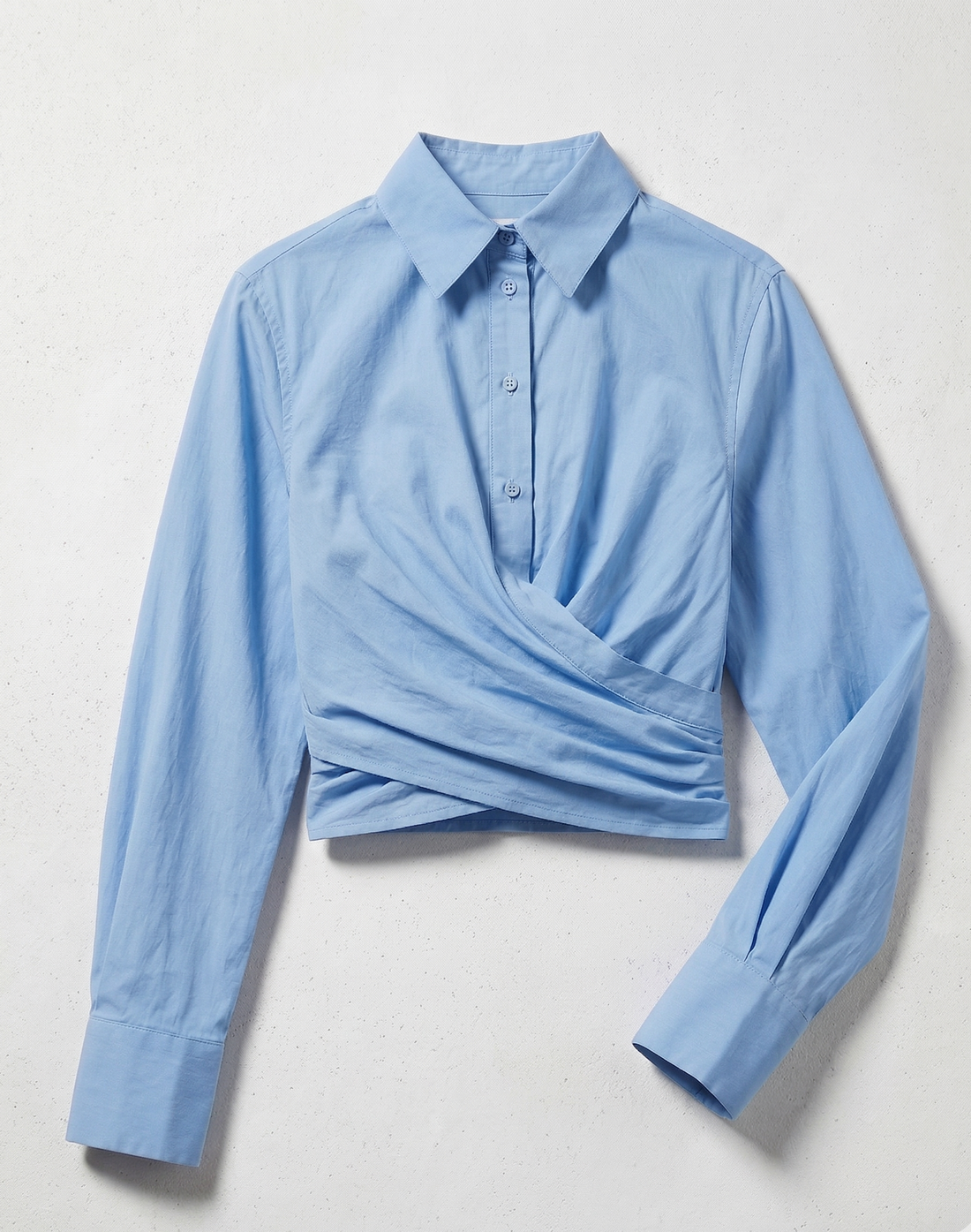 Chemisier Croisé à Manches Longues - Bleu - Coton Mélangé - Femme