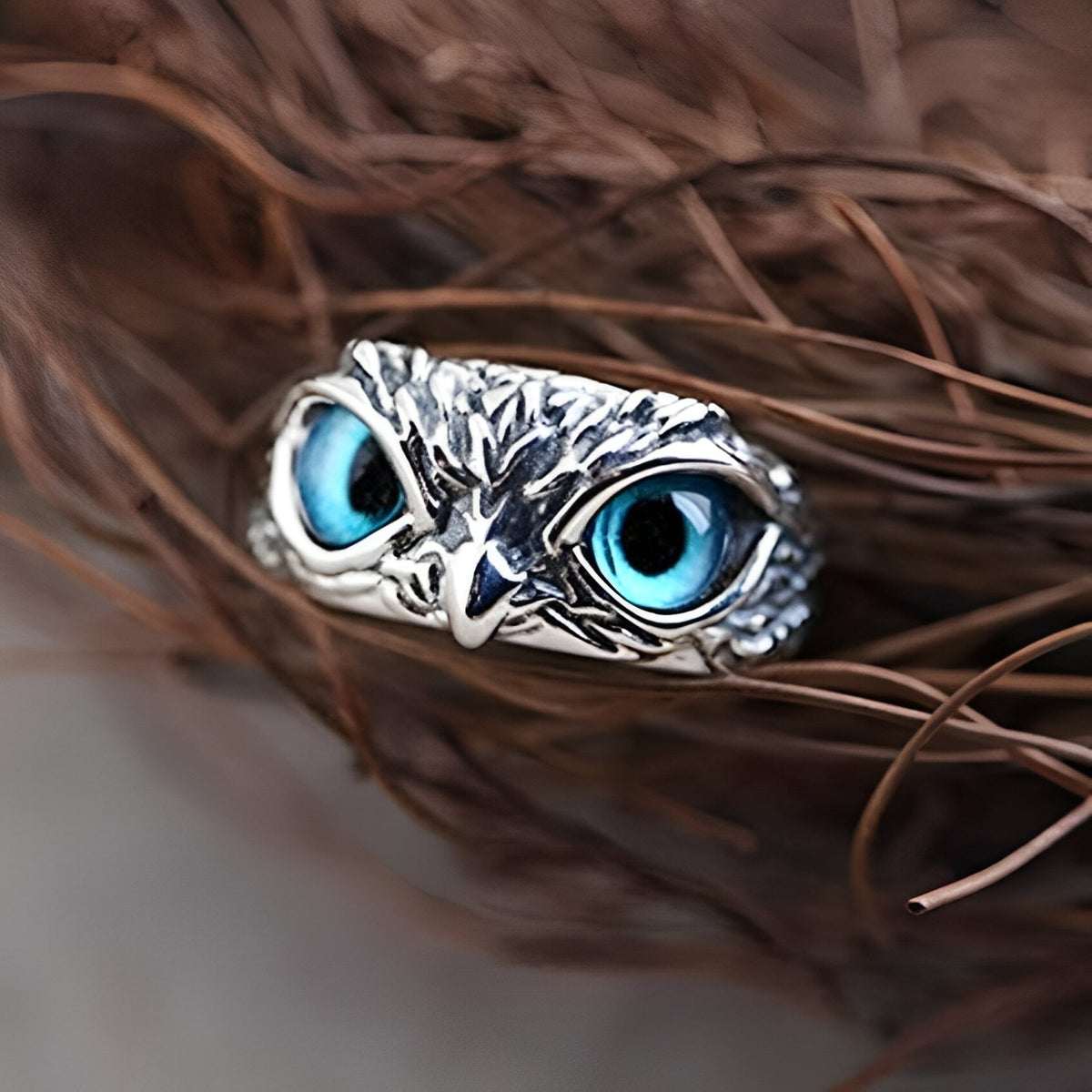 Brianna – Bague ajustable porte-bonheur avec hibou en argent et opale