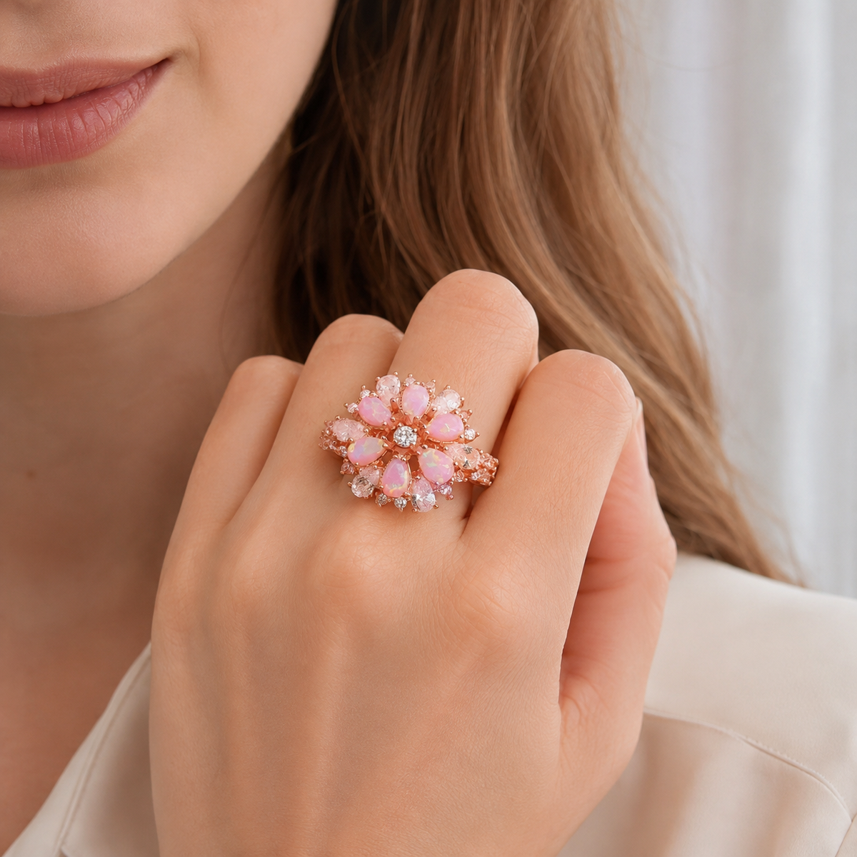 Rian – Bague fine fleur en opale de feu