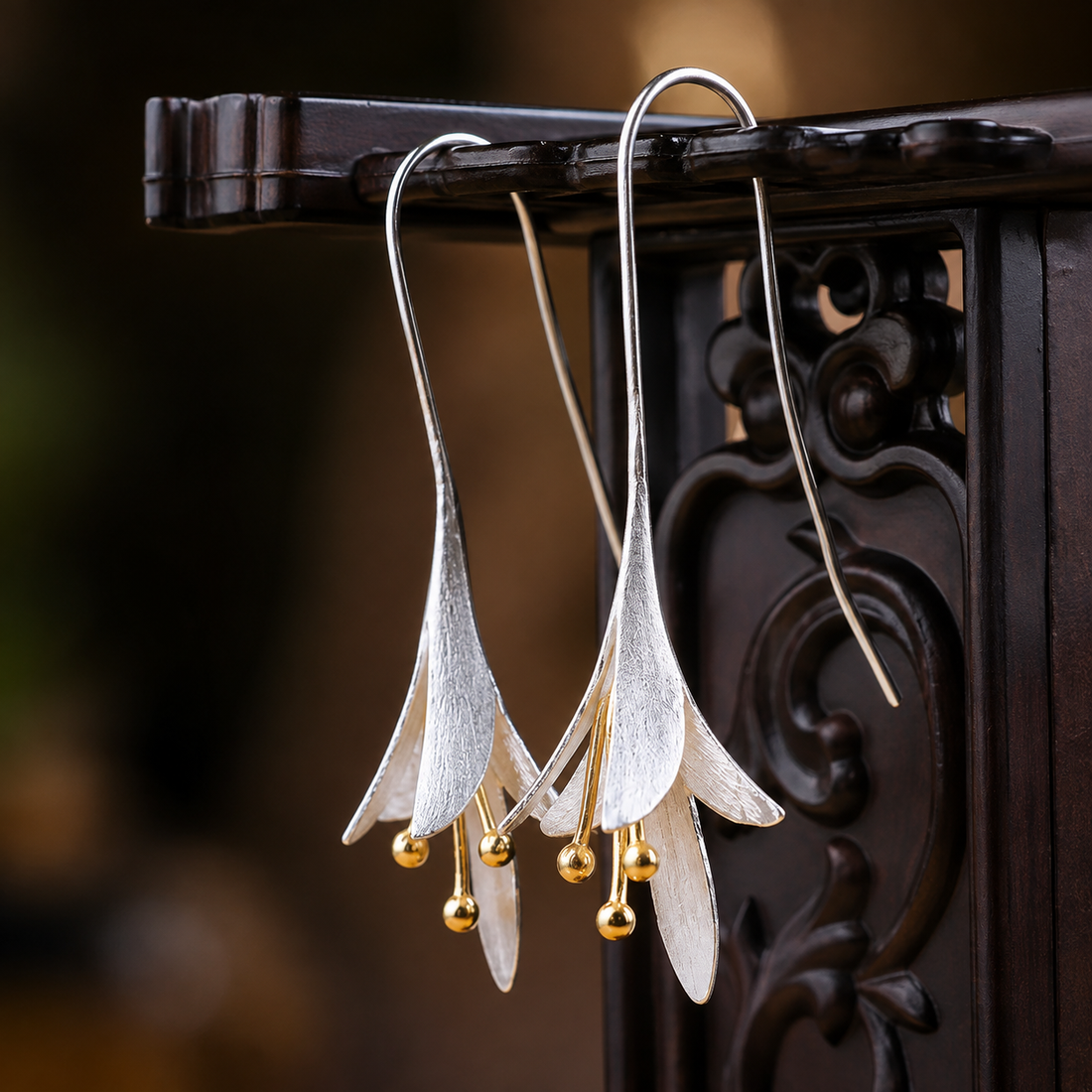 Boucles d'oreilles pendantes fleurs de jasmin en argent