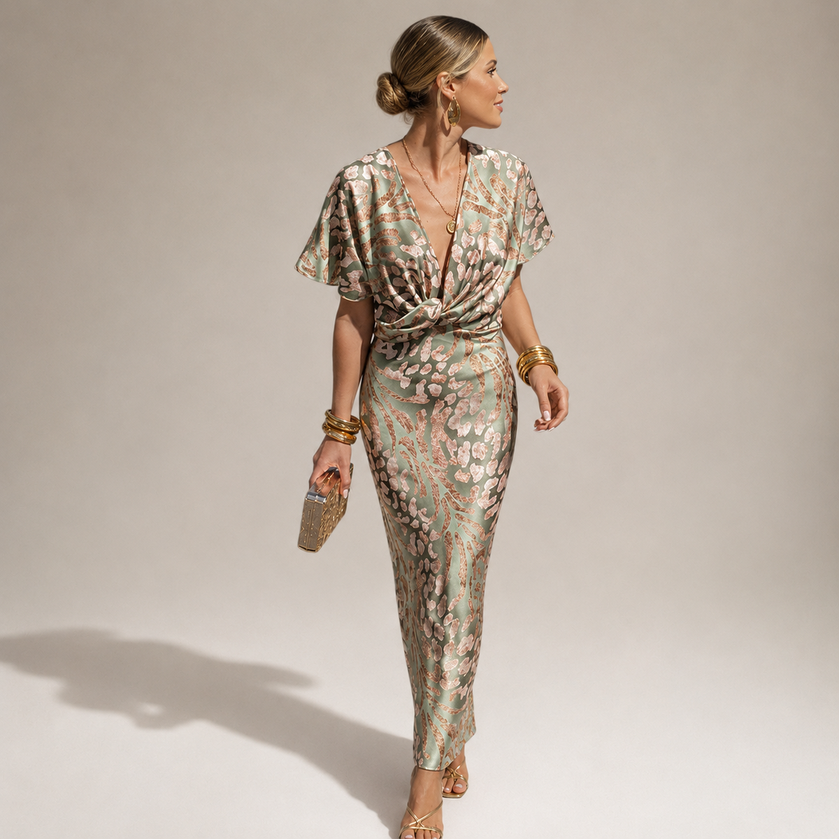 Teodora - Robe maxi glamour avec col en V pour femmes