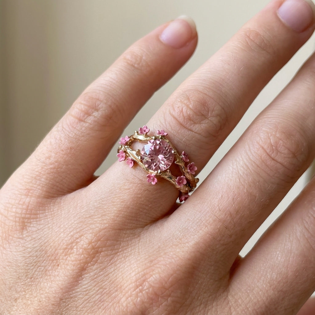 Elina – Bague dorée enchantée avec cristal rose et fleurs