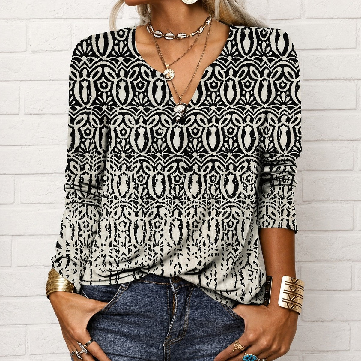 Katharina - Blouse style bohème avec manches longues et col en V