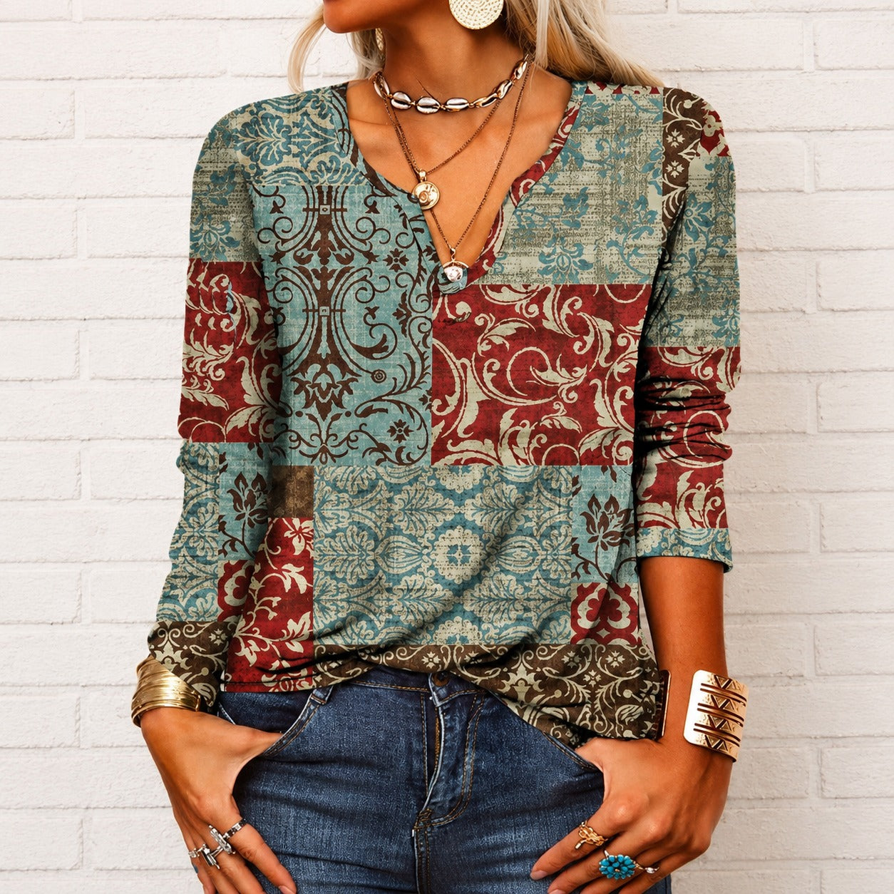 Katharina - Blouse style bohème avec manches longues et col en V