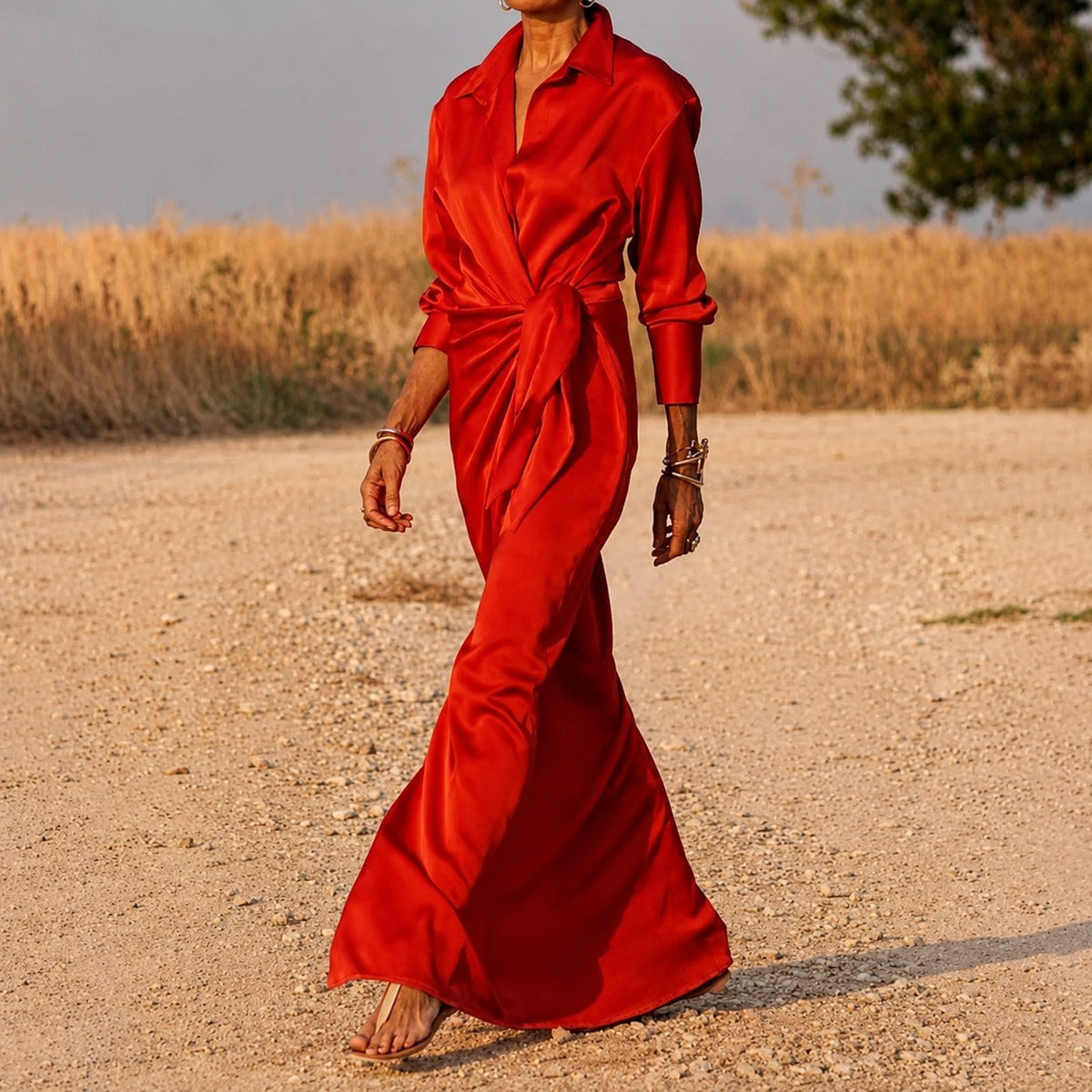 Connie - Robe Maxi Portefeuille à Manches Longues