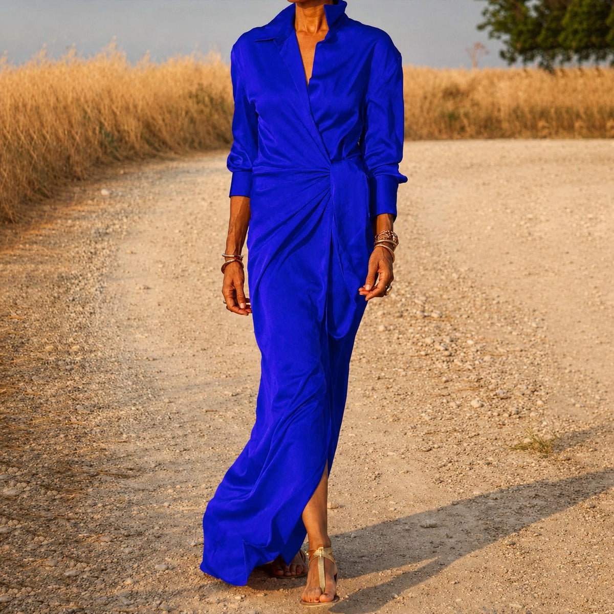Connie - Robe Maxi Portefeuille à Manches Longues