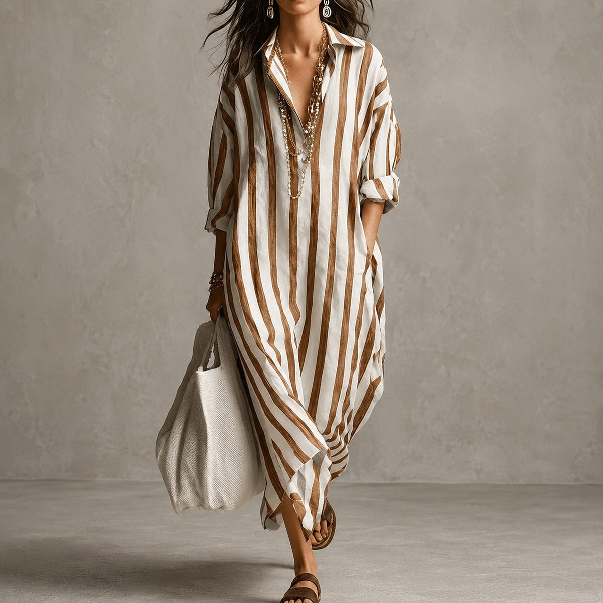 Elysia - Robe Chemise Longue à Manches Longues