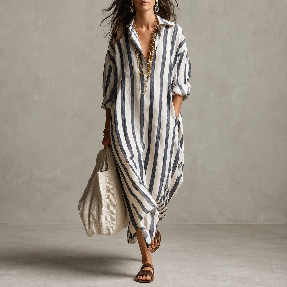 Elysia - Robe Chemise Longue à Manches Longues
