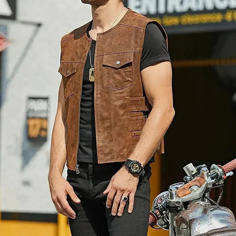 Gilet en cuir pour homme - Gilet sans manches élégant
